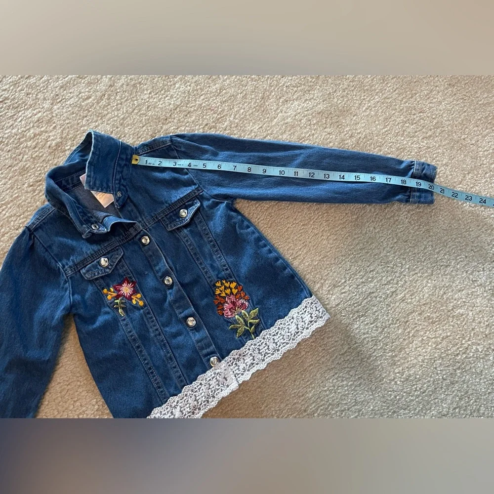 Little Lass Girl - Blue Jean Jacket with Embroidered Flowers and Lace - Size: 6X